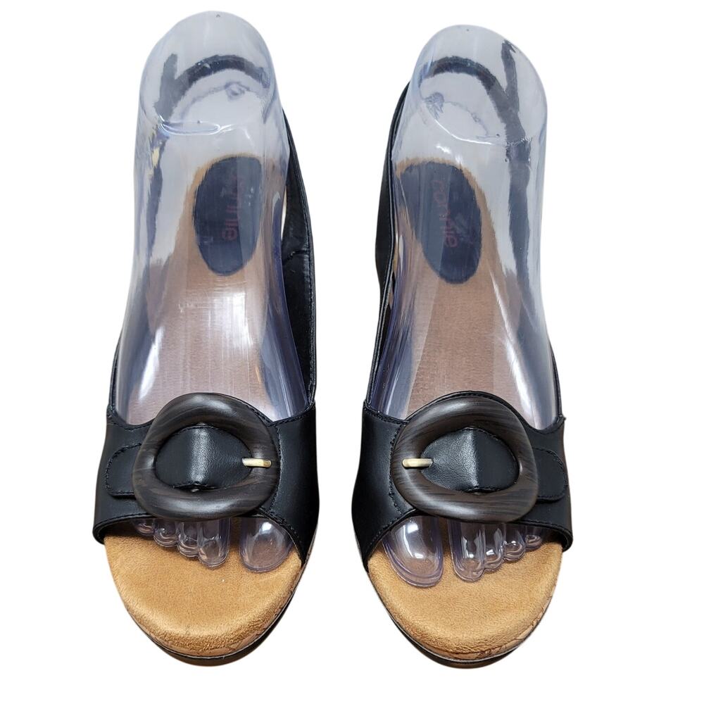 Connie Natasha Black Buckle Detail Women's Wedge Heels 4" Size 7.5M